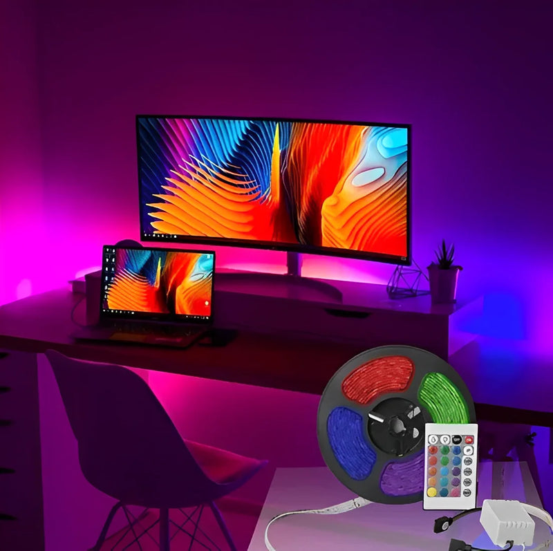 Fita LED RGB de 5 m com fonte e controle de dupla face