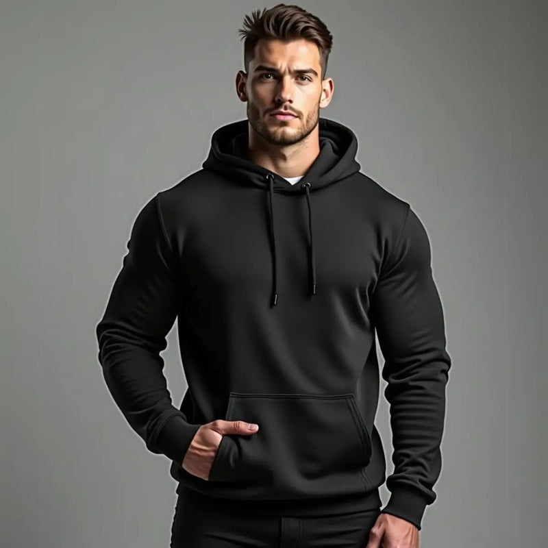 Blusa reta de algodão com capuz canguru, flanelada, bolso frontal
