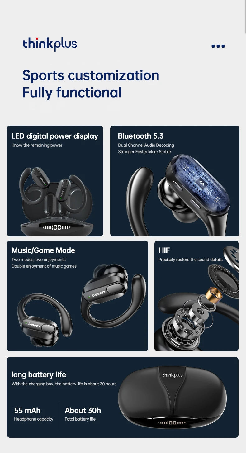 Fones de ouvido esportivos sem fio Lenovo XT80 originais com microfone